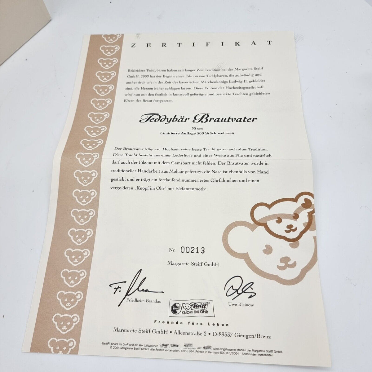 Steiff 038082 Teddybär Brautvater Hochzeitsgesellschaft 35 cm limitiert 500