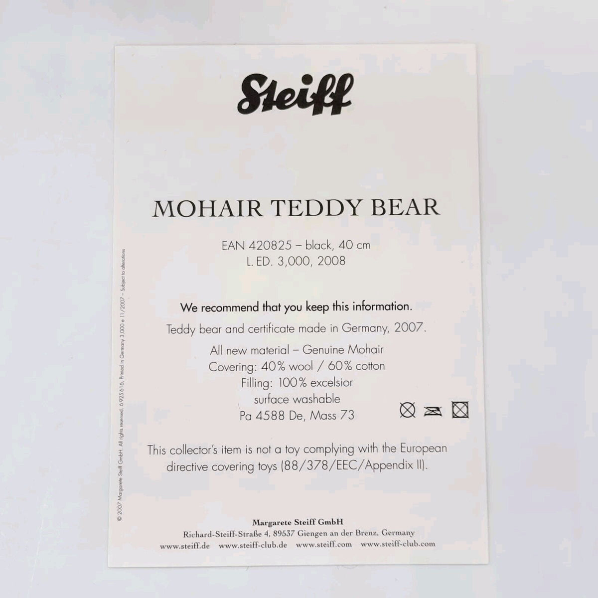 Steiff 420825 Teddybär schwarz Replica 1907 limitiert 3000 aus 2008 40 cm Mohair