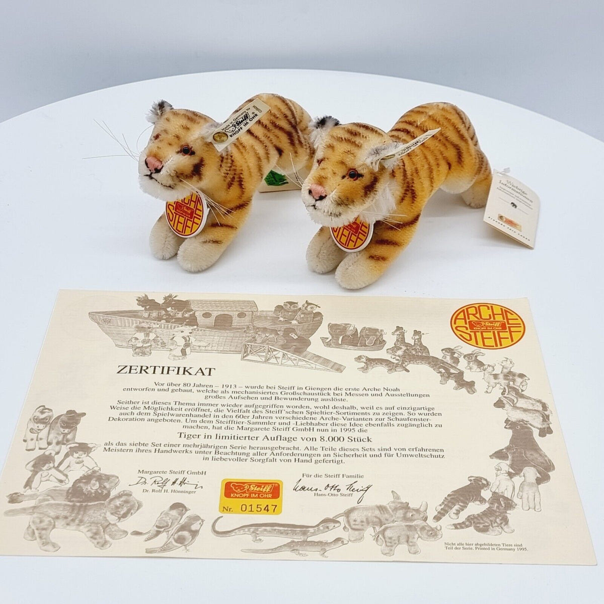 Steiff 038488 Tiger Set Arche limitiert Jahr 1995 Größe 12 cm mit Zertifikat