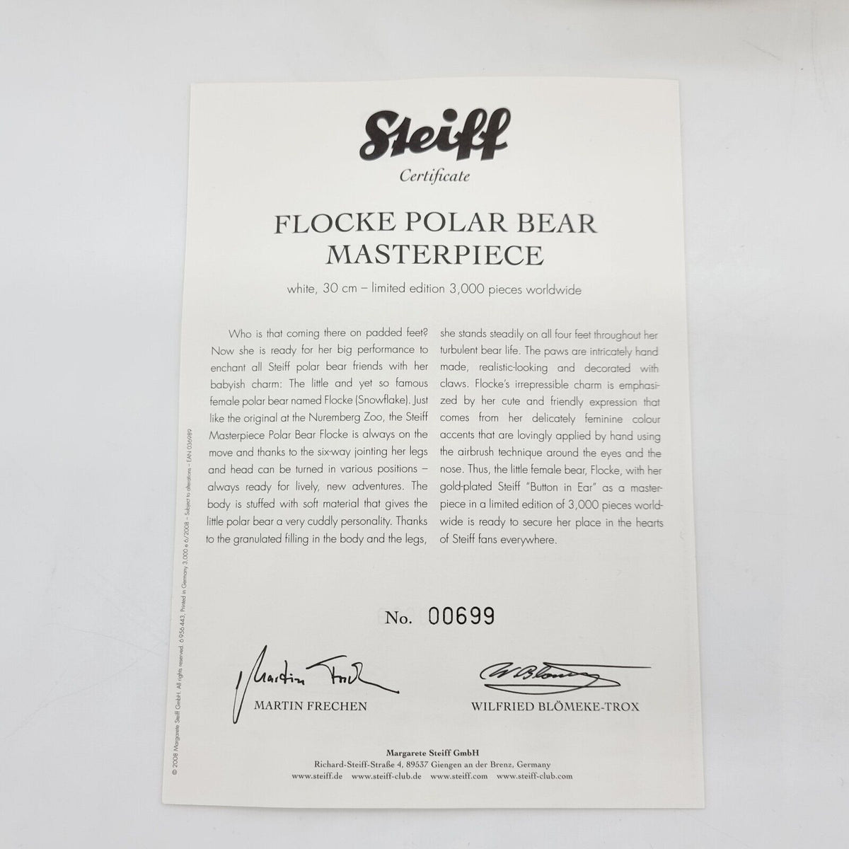 Steiff 036989 Masterpiece Eisbär Flocke limitiert 3000 Alpaca 30 cm