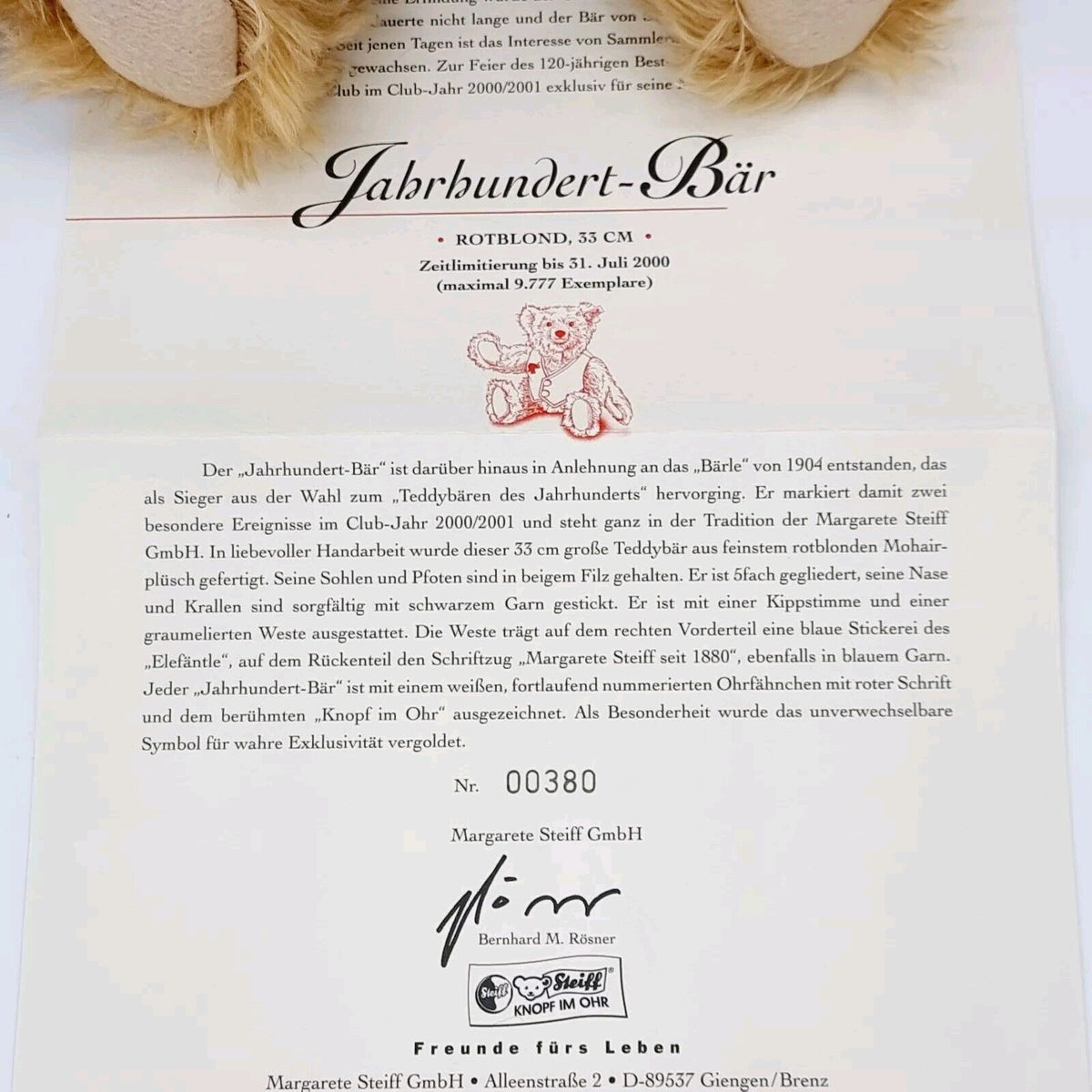 Steiff 420221 Teddybär Jahrhundert Bär Zeitlimitierung 200 rotblond 33 cm 2000
