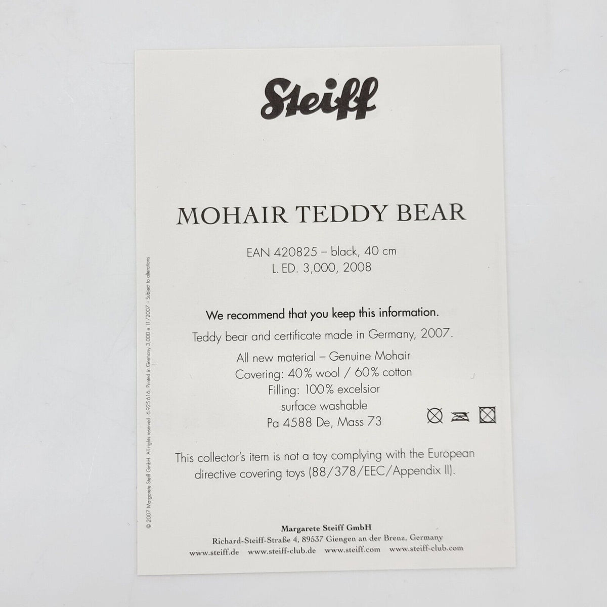 Steiff 420825 Mohair Teddybär schwarz 40 cm limitiert 3000 Jahr 2008