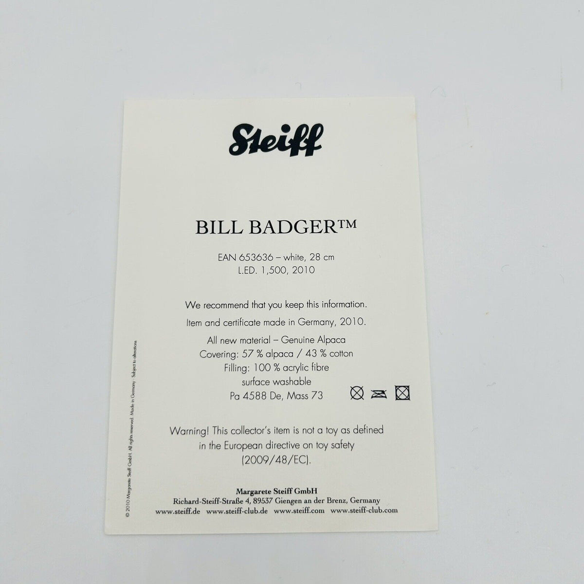 Steiff 653636 Bill Badger aus Rupert limitiert 1500 aus 2010 28 cm Alpaca