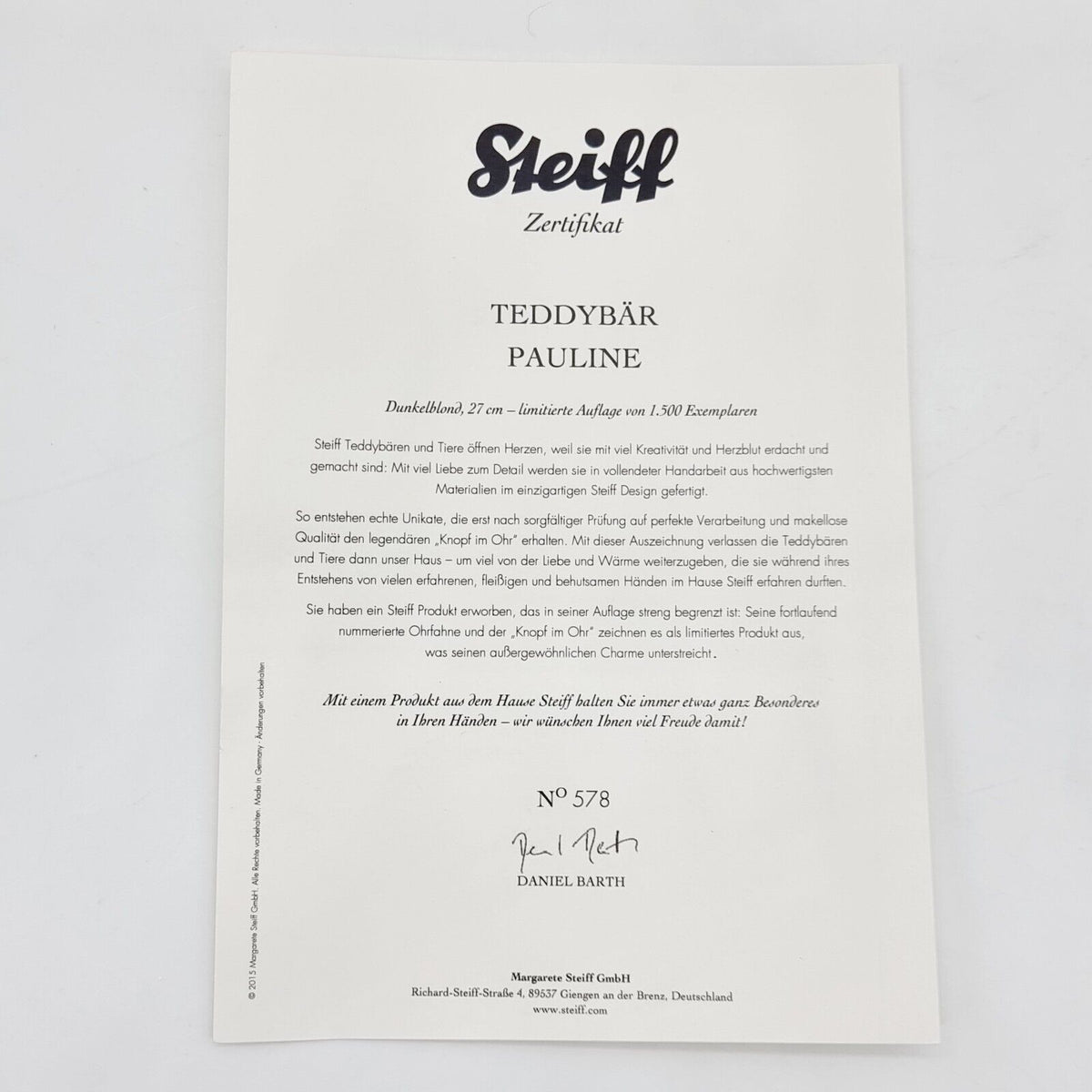 Steiff 021268 Teddybär Pauline limitiert 1500 aus 2015 27 cm Mohair