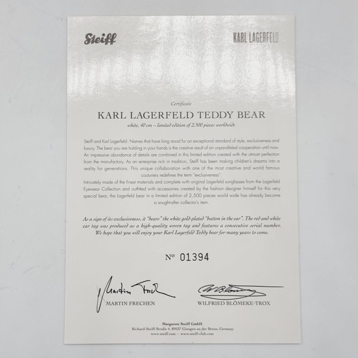 Steiff 657726 Teddybär Karl Lagerfeld limitiert 2500 40 cm Alpaca