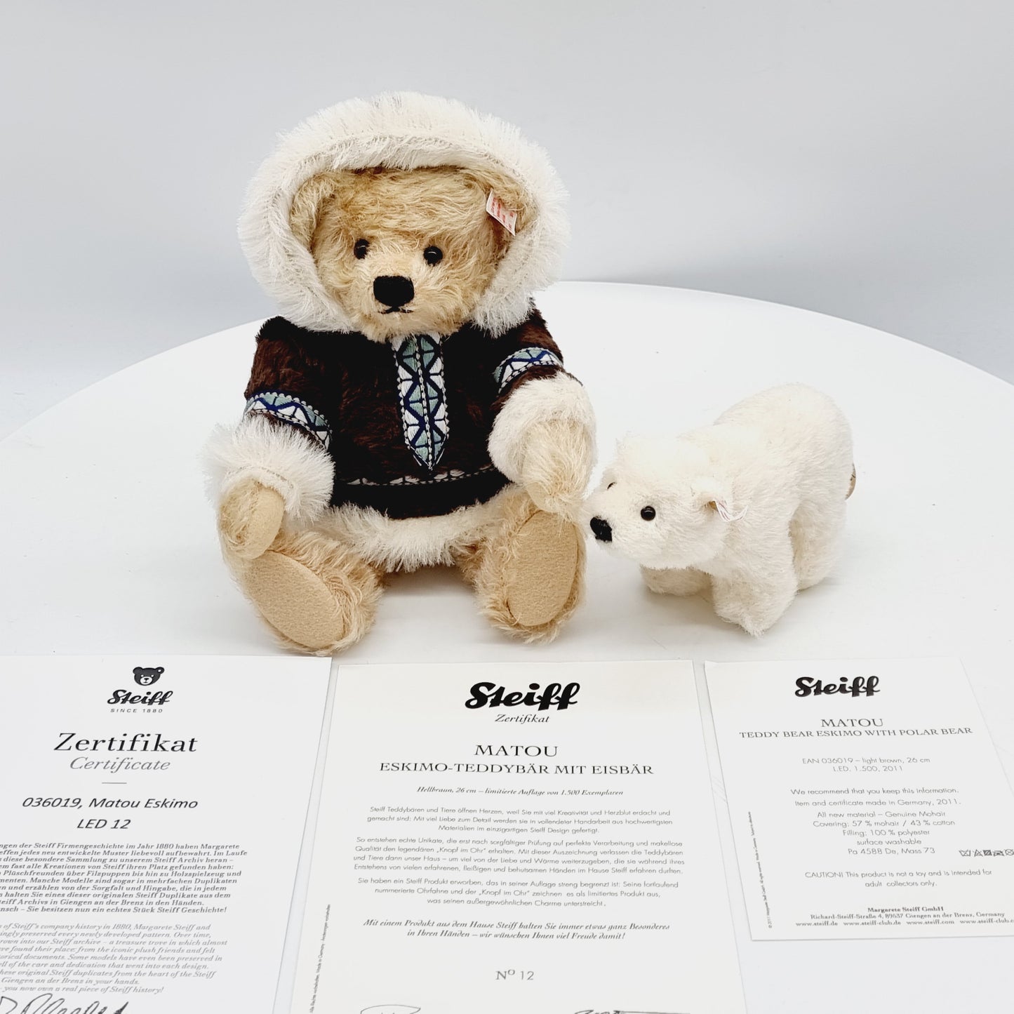 Nr. 12! Steiff 036019 Teddybär Matou Eskimo mit Eisbär 26 cm aus dem Steiff Archiv