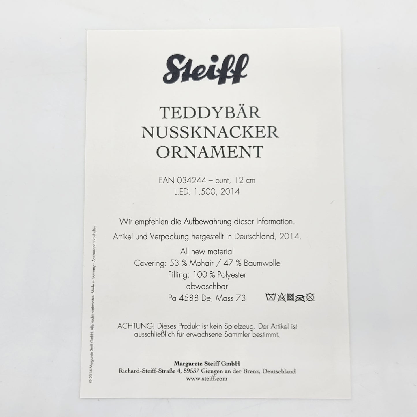 Nr. 12! Steiff 034244 Teddybär Nussknacker Ornament 12 cm aus dem Steiff Archiv