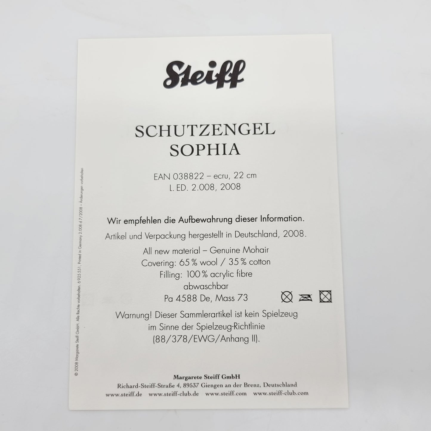 Nr. 12! Steiff 038822 Teddybär Engel Sophia Schutzengel limitiert 2008 22 cm aus dem Steiff Archiv