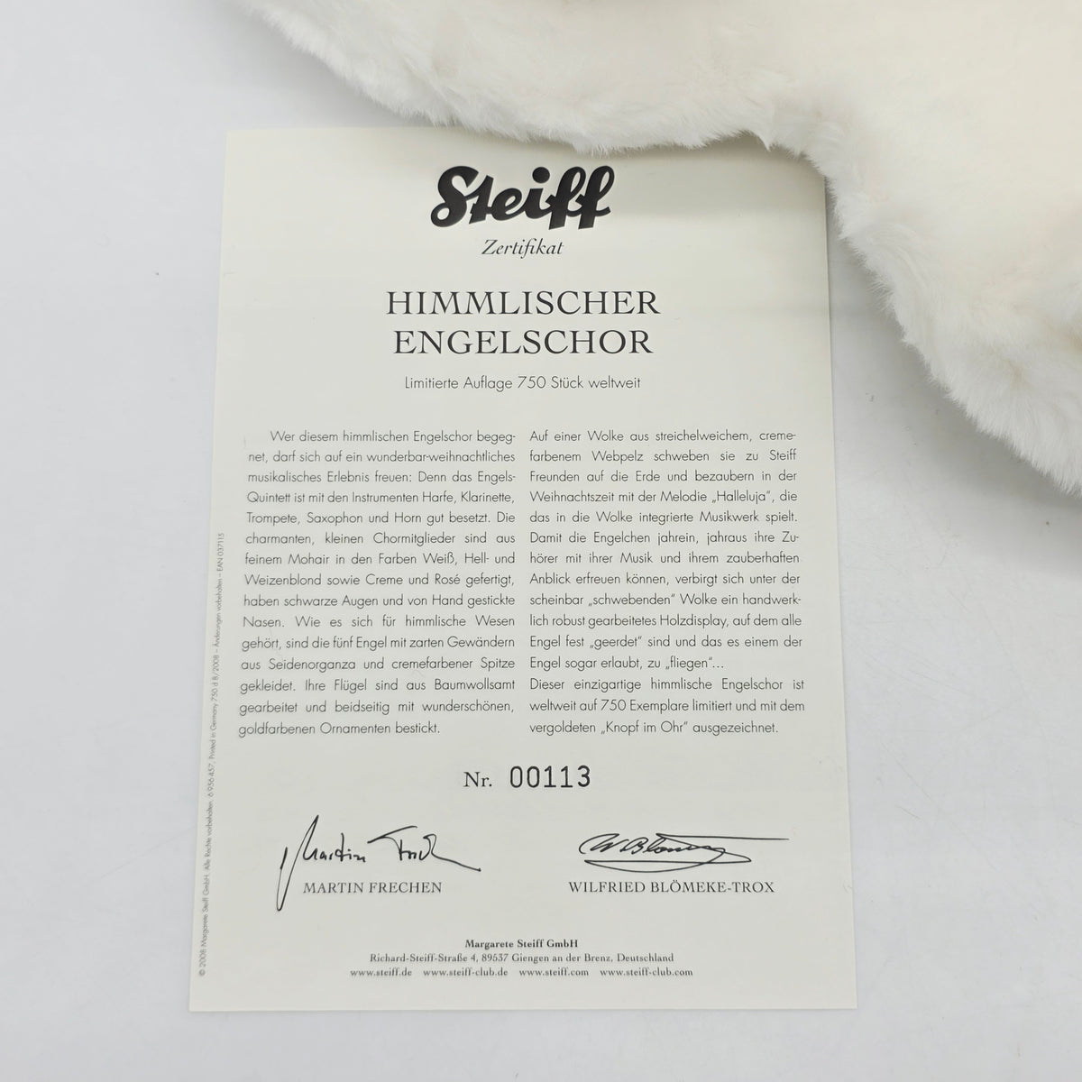 Steiff 037115 Himmlischer Engelschor auf Wolke Jahr 2008 limitiert